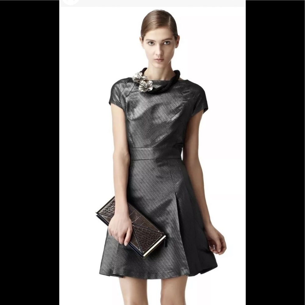 Reiss London Mara fit and flare dress in graphite metallic. Size 2